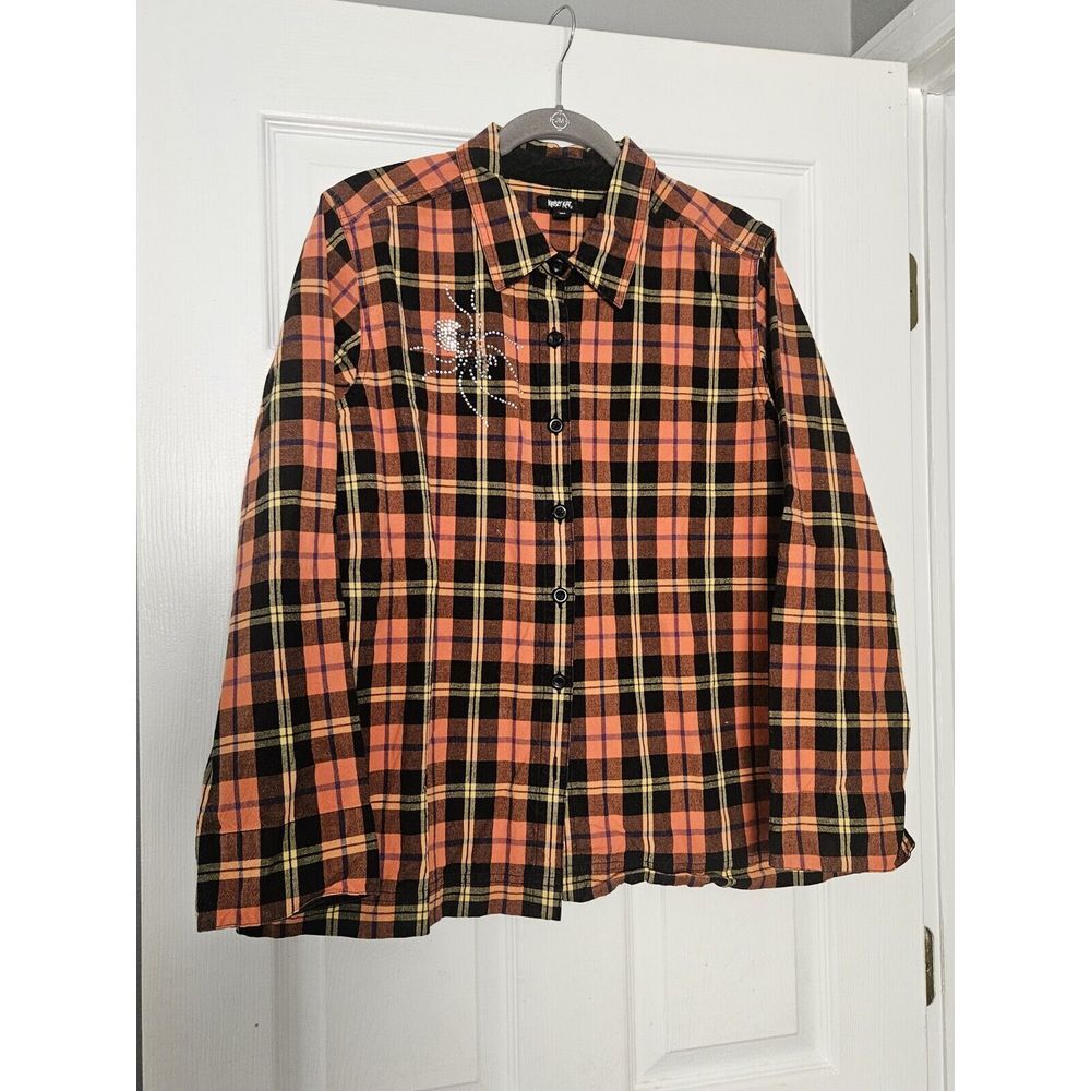 Krazy Kat Rhinestone Spider Plaid Button Up Shirt Orange Black Halloween Sz XXL